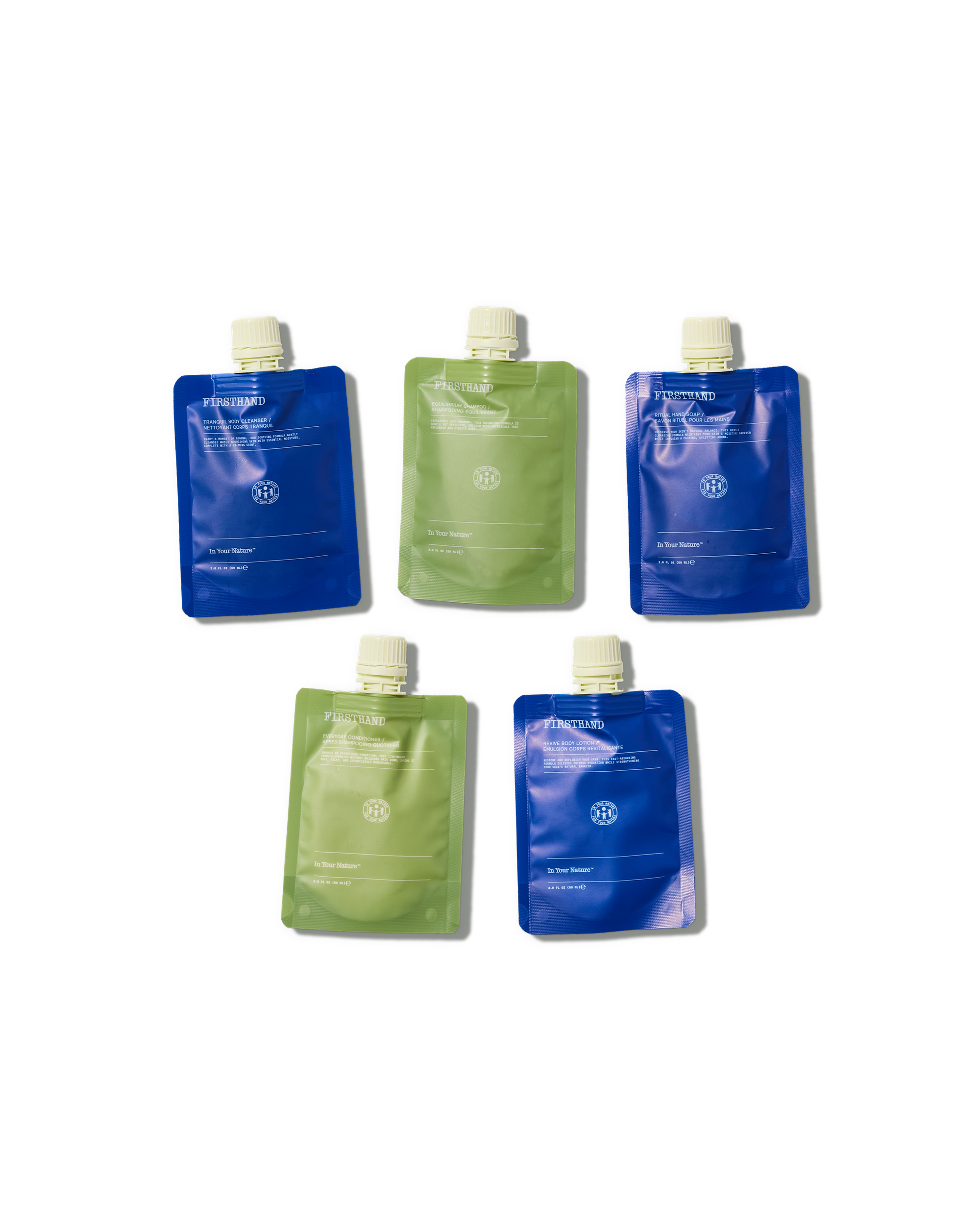 All five Firsthand 2 oz minis: shampoo, conditioner, body cleanser, hand soap and body lotion